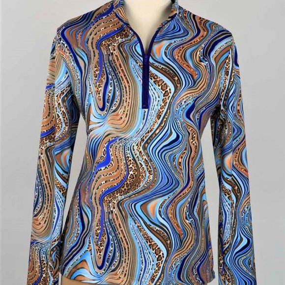 Animal Print Long Sleeve Sapphire Blue Golf Top - Picture 1 of 5